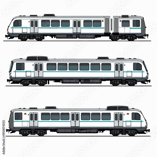 Clean flat vector illustration set of a modern passenger train or subway car showing different angles for public transportation and urban commuting designs.