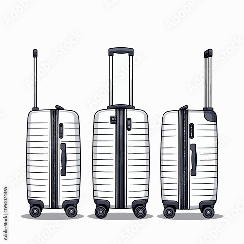 Minimalist line art vector set of three modern travel luggage suitcases for vacation tourism flight trips and global passenger transportation concepts.