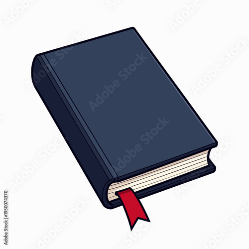 Classic closed blue hardcover book flat vector illustration with a red ribbon bookmark for education reading literature and library learning designs.