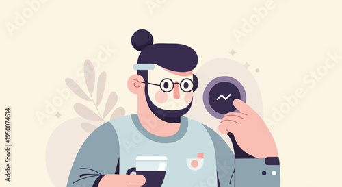 Person with coffee and magnifying glass examining a digital icon