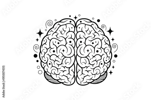 An illustration of a human brain with creative swirls and decorative elements, representing imagination and mental health awareness.