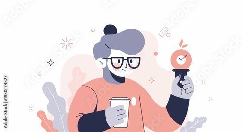 Person with coffee cup and clock icon, surrounded by abstract shapes and plants