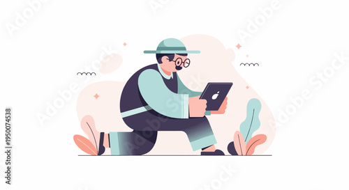 Person with hat and glasses kneels, engrossed in a tablet device