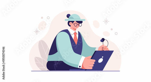 Person with hat and glasses speaking into a microphone, working on laptop