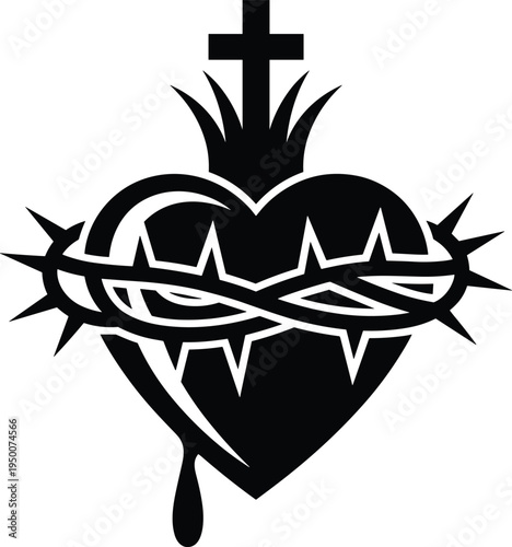 sacred heart jesus silhouette crown thorns cross bleeding divine love catholic christian religious symbol vector black illustration