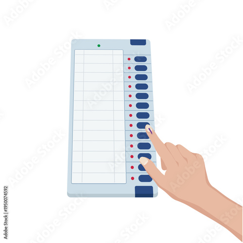 Vector illustration of a hand with indelible ink marking voting on an Electronic Voting Machine (EVM) for Indian elections, democracy concept