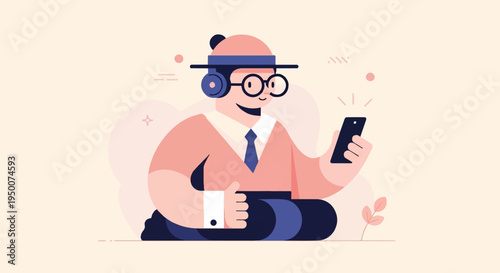 Person with headphones and phone, abstract background elements