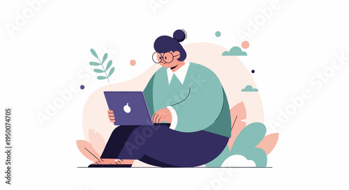 Person with glasses works on a laptop among abstract nature elements