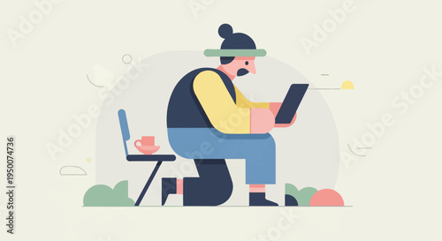 Person with hat kneeling, focused on a tablet, near a chair with a cup