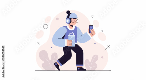 Person with headphones, drink, and phone walks past abstract shapes