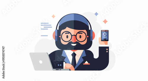 Person with headphones, glasses, and beard working on laptop and phone