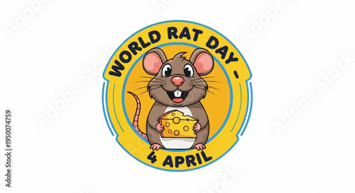 Cartoon rat holding cheese on world rat day april 4th celebration logo with yellow background