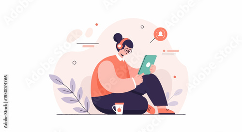 Person with headphones and tablet, sitting with a coffee cup
