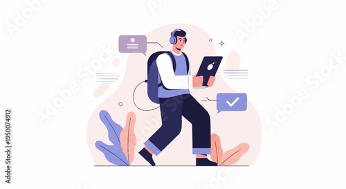 Person with headphones and backpack walks while looking at tablet