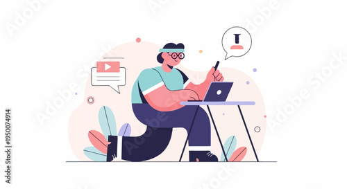 Person with headband typing on laptop at desk with plants and speech bubbles