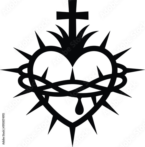 Sacred Heart of Jesus silhouette black vector illustration crown thorns cross flames dripping blood Christian faith symbol devotion isolated white background