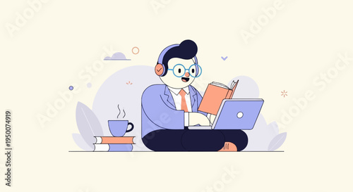 Person with headphones reading a book and using a laptop with coffee