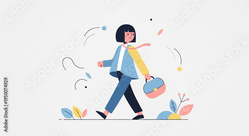 Person walking with a briefcase and a scarf in a stylized natural setting