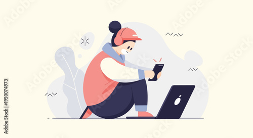 Person with headphones and cap engrossed in a smartphone with a laptop nearby