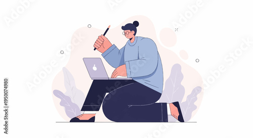 Person with glasses and bun working on a laptop with a pencil