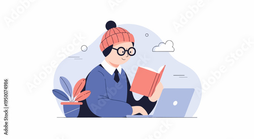 Person wearing a beanie and glasses reads a book while using a laptop