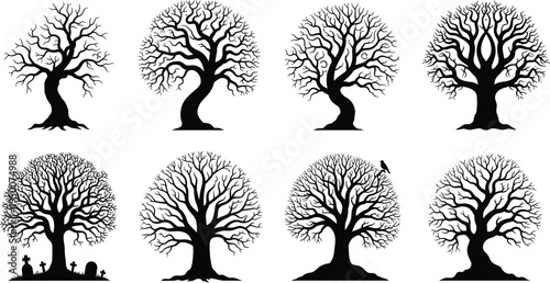 Spooky leafless tree silhouette collection featuring twisted branches, haunted forest shapes, and eerie nature elements for Halloween design