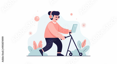 Person with headphones using a walker and tablet in a stylized, flat design