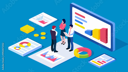 Business team analyzing data on large screen with colorful graphs