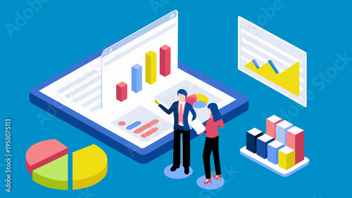 Business team analyzing data on large tablet with graphs
