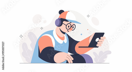 Person with headphones and glasses looking at a phone