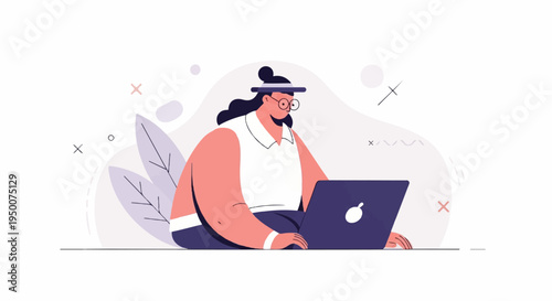 Person with laptop, surrounded by abstract shapes and plant leaves