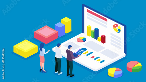 Business team analyzing colorful data charts on large laptop screen