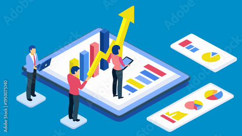 Business professionals analyzing data on a large tablet with graphs