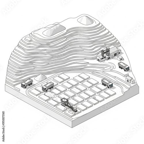 Isometric view of a large open-pit mine with heavy machinery and infrastructure.