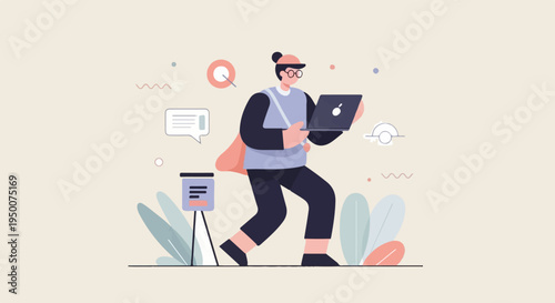 Person with laptop walks past presentation and chat bubble icons