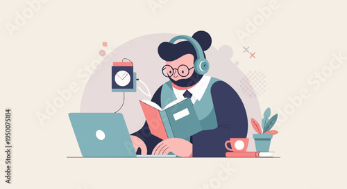 Person with headphones and glasses reading a book on laptop, near clock and plants