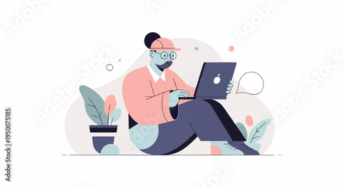 Person with laptop, wearing cap and glasses, surrounded by plants