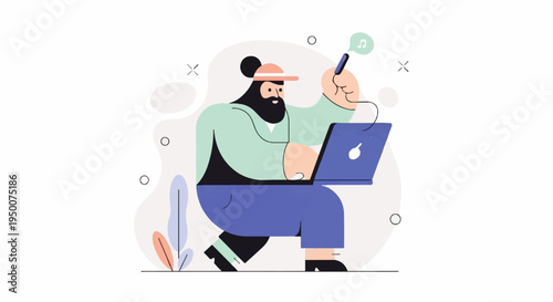 Person with laptop, pen, and music note symbol
