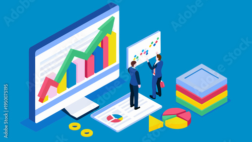 Business professionals analyzing data on computer and whiteboard with graphs
