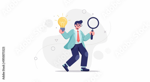 Person with magnifying glass and light bulb on white background