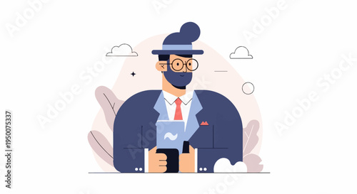 Professional man in suit and hat, holding devices, with abstract background elements