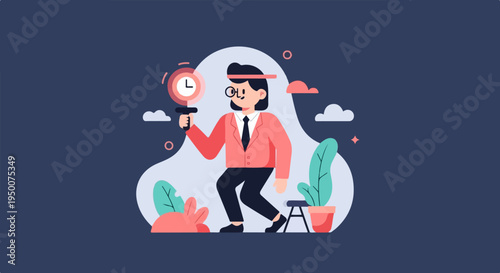 Person with magnifying glass examining a clock