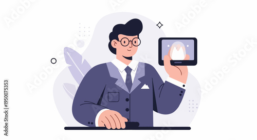 Professional man in suit shows dental implant on tablet screen