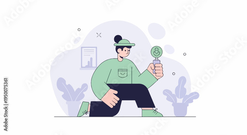 Person with magnifying glass looking for user profile, plants, laptop
