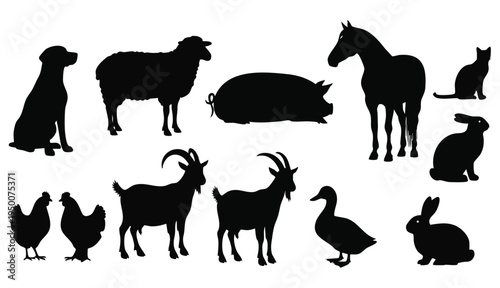Variety of farm animal silhouettes including sheep, pigs, horses, cows, chickens, goats, rabbits, and ducks, ideal for agricultural or rural-themed designs See Less
