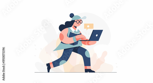 Person with laptop and book, running with abstract shapes in background