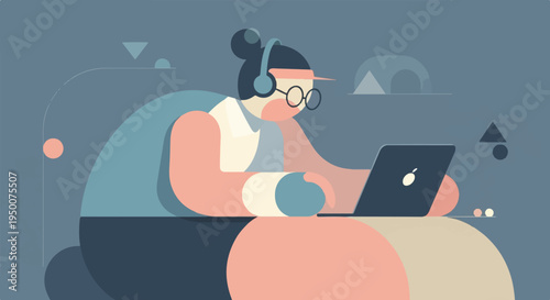 Person with headphones and glasses using laptop in minimalist abstract style