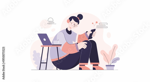 Person with headphones and glasses using phone, laptop nearby