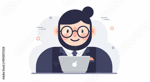 Smiling man with beard, glasses, bun hairstyle, suit, and laptop