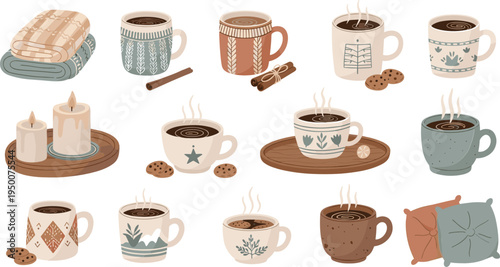 Cozy Coffee Cups Set with Hygge Candles Cookies Blanket Warm Drink Autumn Winter Vector Illustration